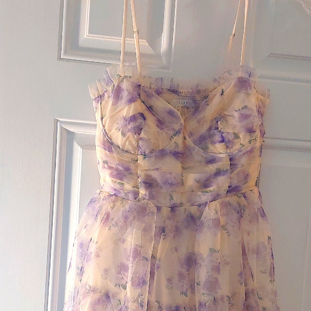 Lush Yellow Floral Midi Dress with Lavender Print